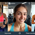 A customer journey map visualizing a young woman's experience using a fitness app: starting with a morning workout, sharing a selfie with friends, and feeling motivated by community interaction.