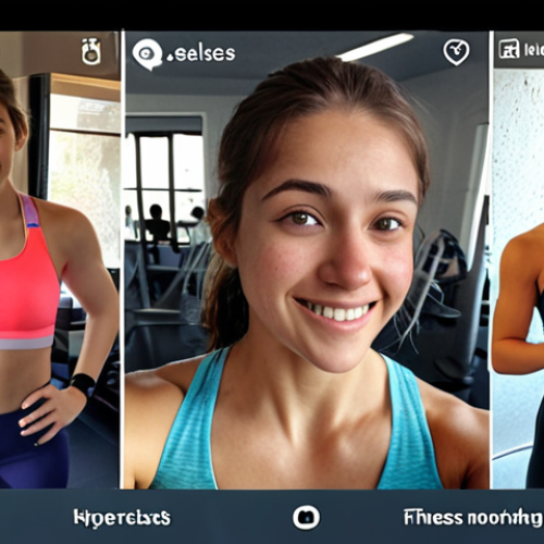 A customer journey map visualizing a young woman's experience using a fitness app: starting with a morning workout, sharing a selfie with friends, and feeling motivated by community interaction.