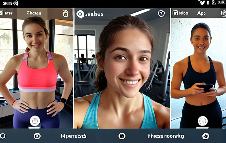 A customer journey map visualizing a young woman's experience using a fitness app: starting with a morning workout, sharing a selfie with friends, and feeling motivated by community interaction.